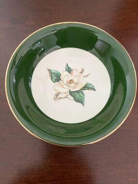 Small Porcelain Bowl Green with a White Rose in the Center and Gold Trim.